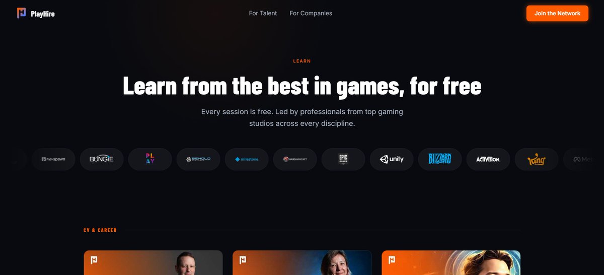 cgbosss's tweet photo. Hiring in #gaming is broken. Studios get flooded with applications but can't find the right people, and devs can't get in front of the right teams.
PlayHire is fixing that — free masterclasses on portfolio building + remote work skills. Worth a look 🧵 #gamedev https://t.co/o3NShNyOfk