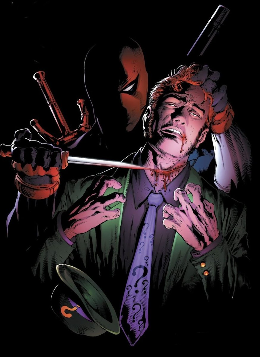 the_whar's tweet photo. Heartwarming: Deathstroke uses red hot blade to CAUTERIZE Riddler's throat, saving his life 💚 https://t.co/eqri1MSikn