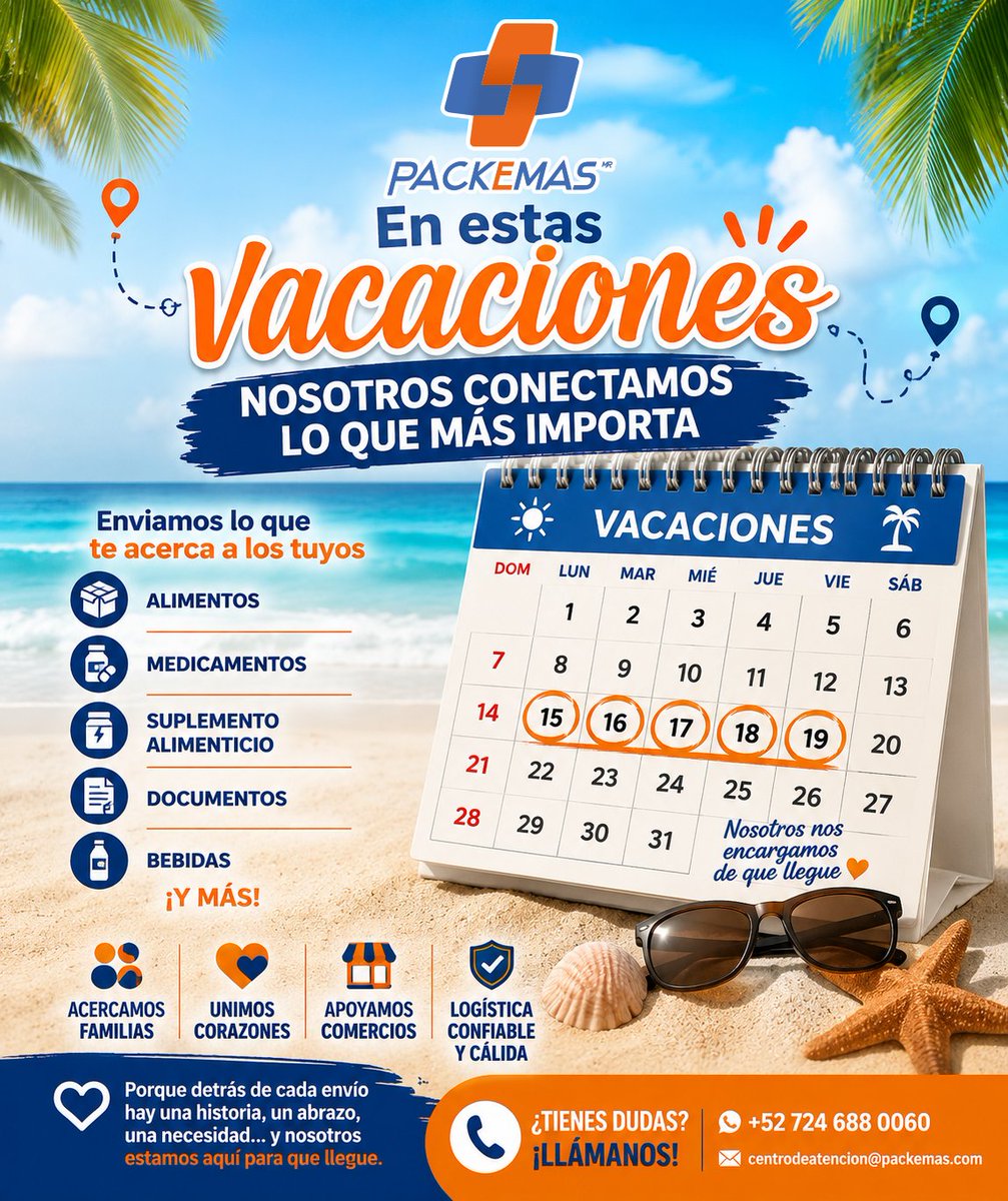 _PACKEMAS_'s tweet photo. 🏖️☀️ Se acercan las vacaciones.

Mientras disfrutas tu descanso, en PACKEMAS resguardamos tus paquetes hasta tu regreso. 📦💙

Viaja con tranquilidad.

📍 Acércate a tu sucursal.

📞 +52 724 688 0060
📩 centrodeatencion@packemas.com
#PACKEMAS #Vacaciones2026 #TusPaquetesSeguros https://t.co/rXPvmLRzCO