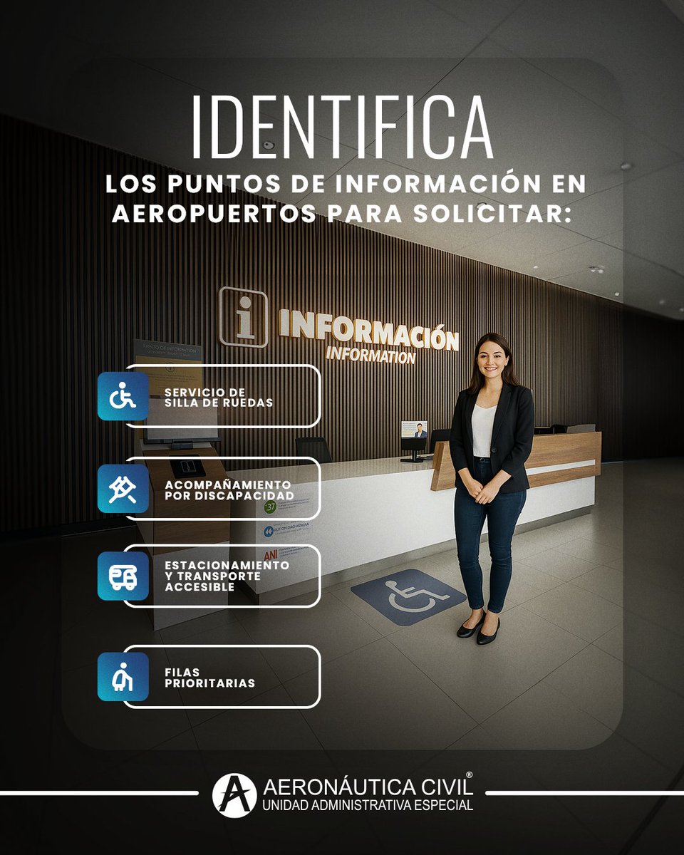 AerocivilCol's tweet photo. ¡Los aeropuertos son espacios inclusivos!
Identifica puntos de información en cada aeropuerto y solicita servicio especial para condiciones que lo requieran. ♿️✈️ #Aerotips https://t.co/8fiCO1MGFt