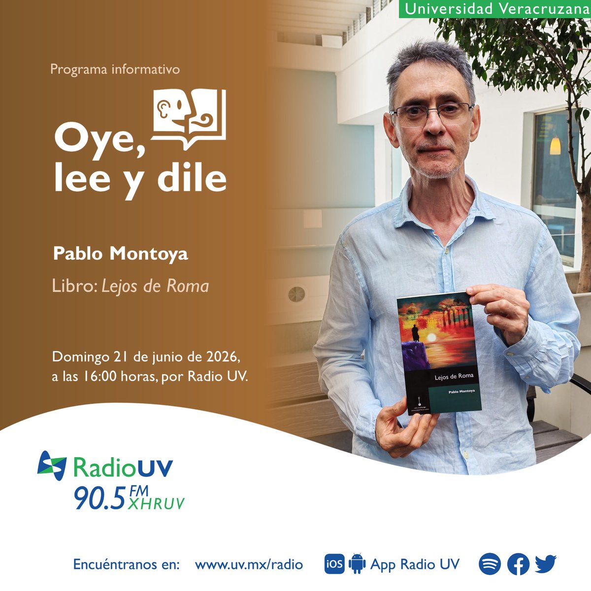 RadioUV's tweet photo. Disfruta #OyeLeeYDile en domingo. 📚
Únete al espacio de la @EditorialUV y no te pierdas la charla con Pablo Montoya nos comparte más detalles acerca de su obra "Lejos de Roma". 

🎧 Hoy a las 16:00 horas | 90.5 FM
👉🏼 En Spotify: https://t.co/DvJVynlLZS https://t.co/5q5bEy8tgf