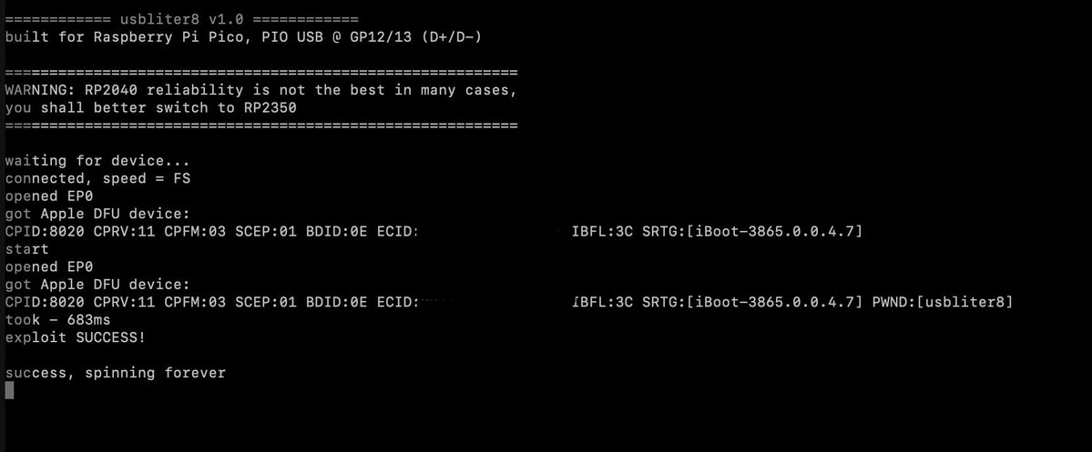matteyeux's tweet photo. Got usbliter8 exploit working on an iPhone XS. Horrible setup but I'll receive my waveshare board tomorrow.
Demotion works perfectly https://t.co/As5SrGSDcp