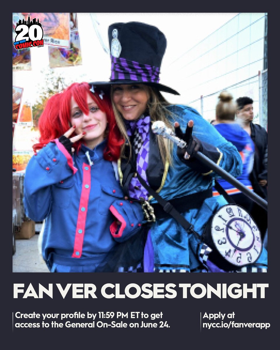 NY_Comic_Con's tweet photo. 📣 Fan Verification closes TONIGHT. Create your profile by 11:59 PM ET, June 20, to get access to buy tickets during the General On-Sale on June 24.  

Create your profile: https://t.co/SEdrerbgwA https://t.co/F6uSkS4Cft