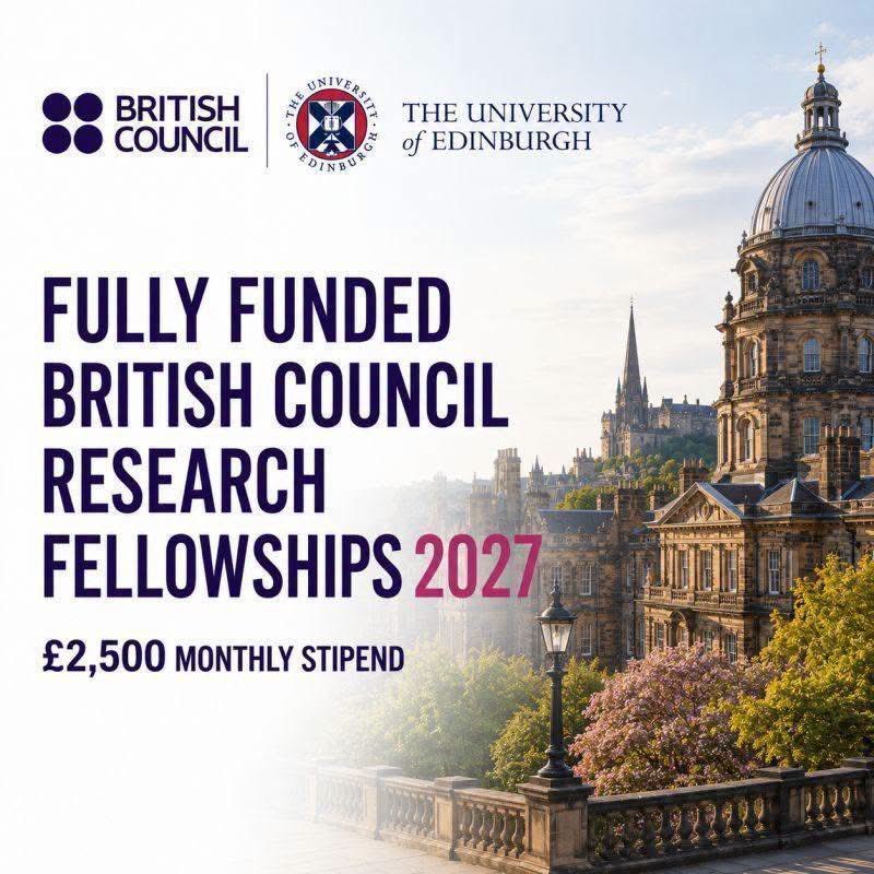 MrsScotty_M's tweet photo. British Council Research Fellowships 2027

The British Council 90th Anniversary Research Fellowships at the University of Edinburgh, UK are now open for applications.

This is a postdoctoral fellowship for early-career researchers from eligible countries.

➤ Host: University of Edinburgh, UK
➤ Funder/Partner: British Council
➤ Level: Postdoctoral research fellowship
➤ Duration: 12 months
➤ Start date: January 2027
➤ Support: £2,500 monthly bursary plus travel expenses
➤ Number of awards: Up to 2 fellowships
➤ Deadline: 31 July 2026, 17:00 BST

Who can apply?

➤ Early-career postdoctoral researchers
➤ Applicants based in eligible ODA-recipient countries where the British Council operates
➤ Researchers working in areas linked to arts, education, English language, international relations, development, peacebuilding, cultural relations, diplomacy, and soft power

Please note: this is not a Master’s or PhD scholarship. It is for people who already have a PhD or are at postdoctoral level.

Apply through the official page only:
https://t.co/fGDAaKbvBp