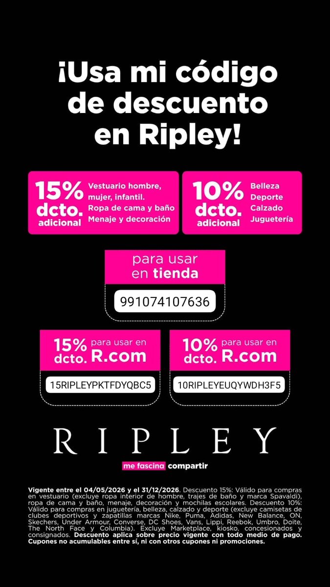 javijabonosa's tweet photo. Comparto mis códigos de descuento para Ripley, válidos de aquí a fin de año en internet y tiendas 🗣️ guarden y compartan el tweet 🫶🏻 
#descuento #cupon #ripley #codigodescuento https://t.co/PNFoJNgGMj