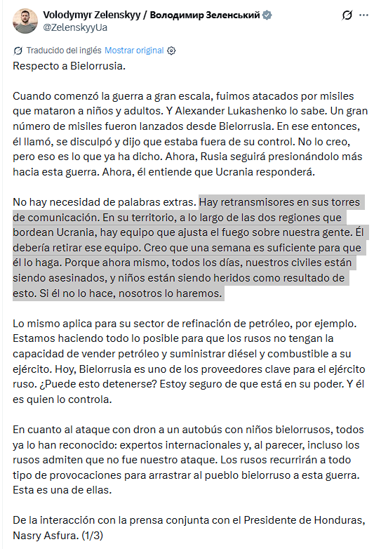 nachomdeo's tweet photo. Zelensky le advirte a Lukashenko que si no desmonta los equipos en su territorio que usa Rusia para atacar a las ciudades ucranianas, se encargarán de quitarlos. Estos sucede luego que Lukashenko pidiera en público no ser atacado por Ucrania por su colaboración con Putin https://t.co/nRF8B16BnA