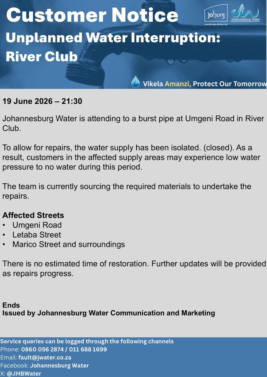JHBWater's tweet photo. #JoburgUpdates
Unplanned Water Interruption:
River Club ^M https://t.co/r1jxQiTVRN