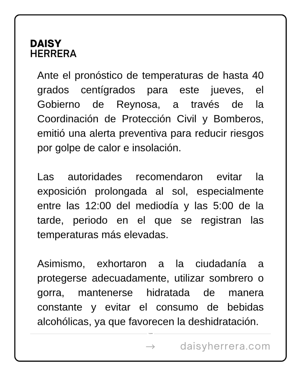 ReporteraDaisy's tweet photo. #ElPuntoEs 🔴El Gobierno de Reynosa emitió una alerta preventiva ante temperaturas de hasta 40 grados centígrados y exhortó a la población a tomar medidas para evitar golpes de calor e insolación.

ℹ️Información de Daisy Herrera Medrano.

#Tamaulipas #Reynosa #Matamoros #Altamira #Tampico #Madero #NuevoLaredo #CdVictoria 

https://t.co/wrHIB3ENUP