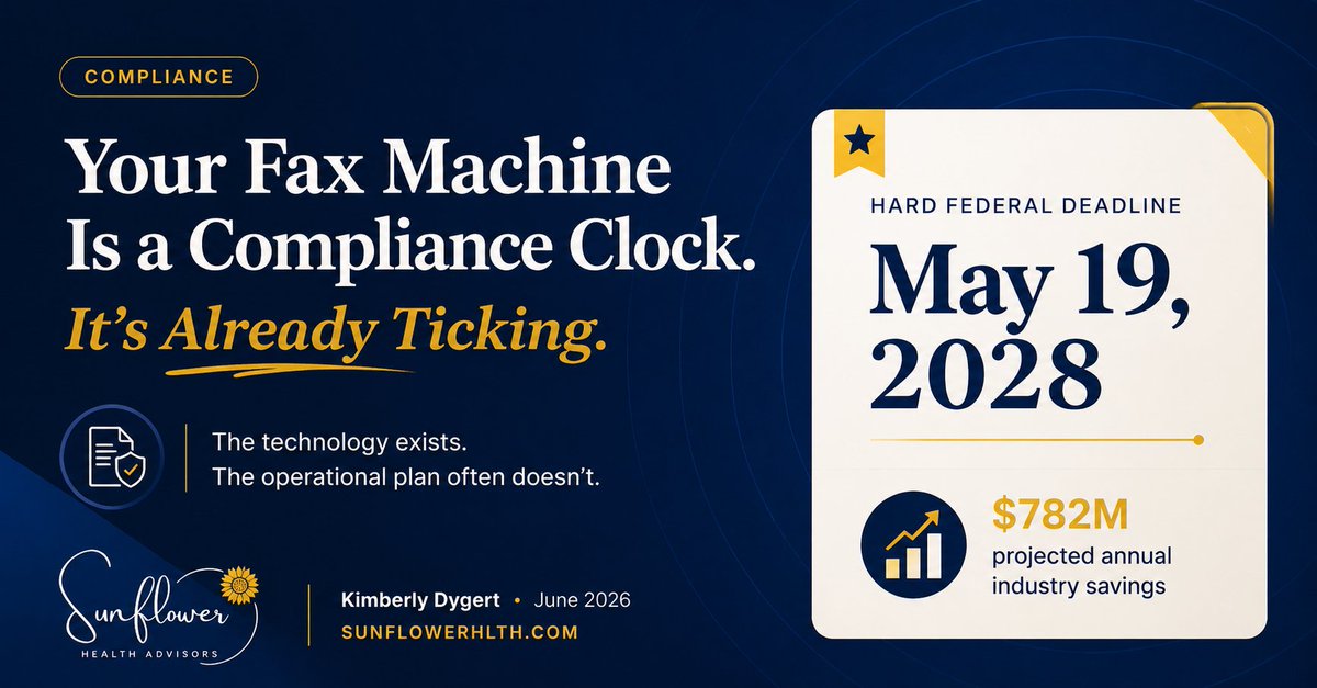 SunflowerHLTH's tweet photo. Your fax machine expires on May 19, 2028! ⏰ HIPAA entities must move away from fax-based claims attachments. Ready for the change? 

Get insights from our blog! 👇 
https://t.co/In5yN9VzQ3

Not sure where you stand? Schedule a free readiness assessment!  
https://t.co/yYFU4JZxpe https://t.co/eKkd6sFgs2