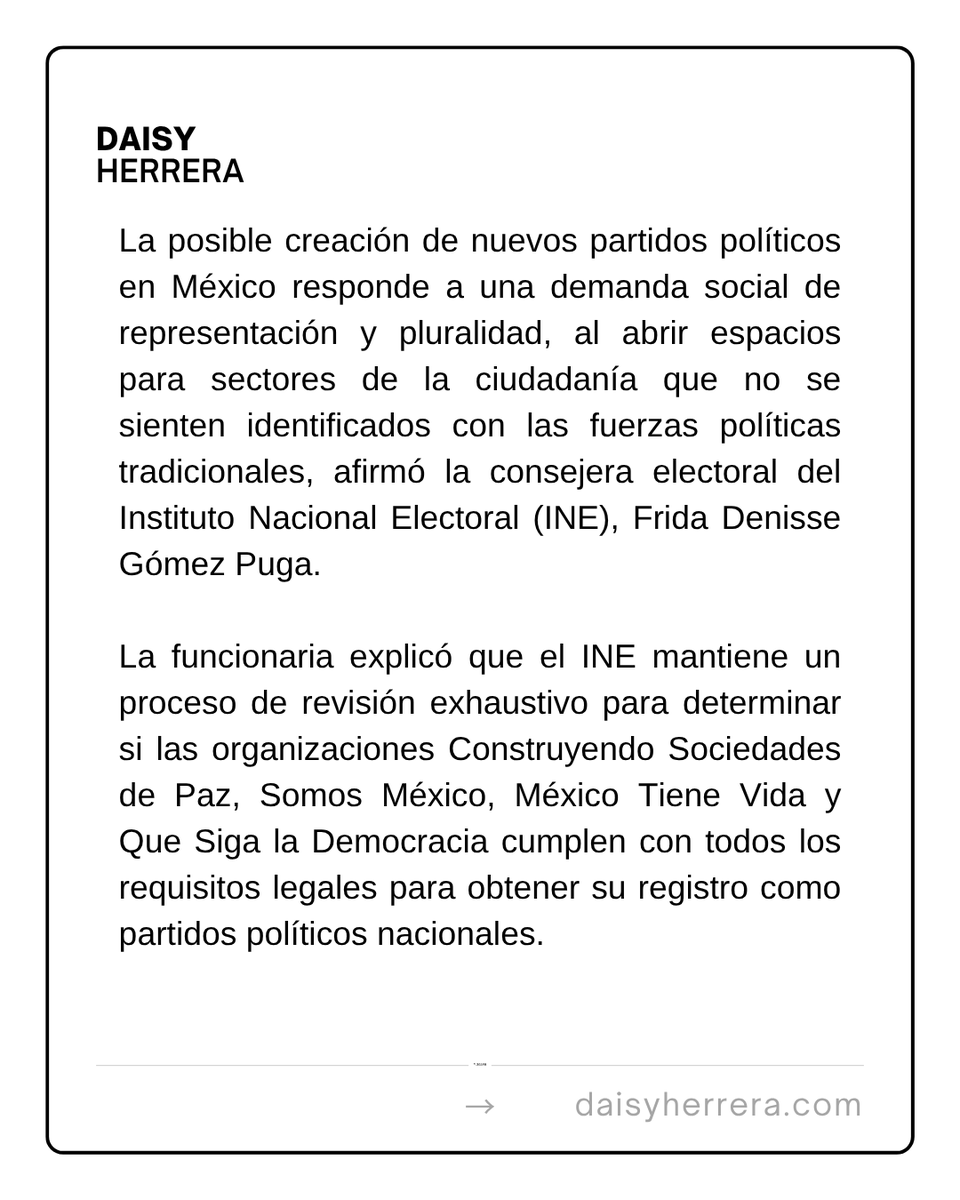 ReporteraDaisy's tweet photo. #ElPuntoEs 🔴El INE analiza el registro de cuatro nuevas organizaciones políticas que buscan convertirse en partidos nacionales y participar en las elecciones de 2027.

ℹ️Información de Josué Escamilla.

#Tamaulipas #Reynosa #Matamoros #Altamira #Tampico #Madero #NuevoLaredo #CdVictoria 

https://t.co/EOv4BIUUK1