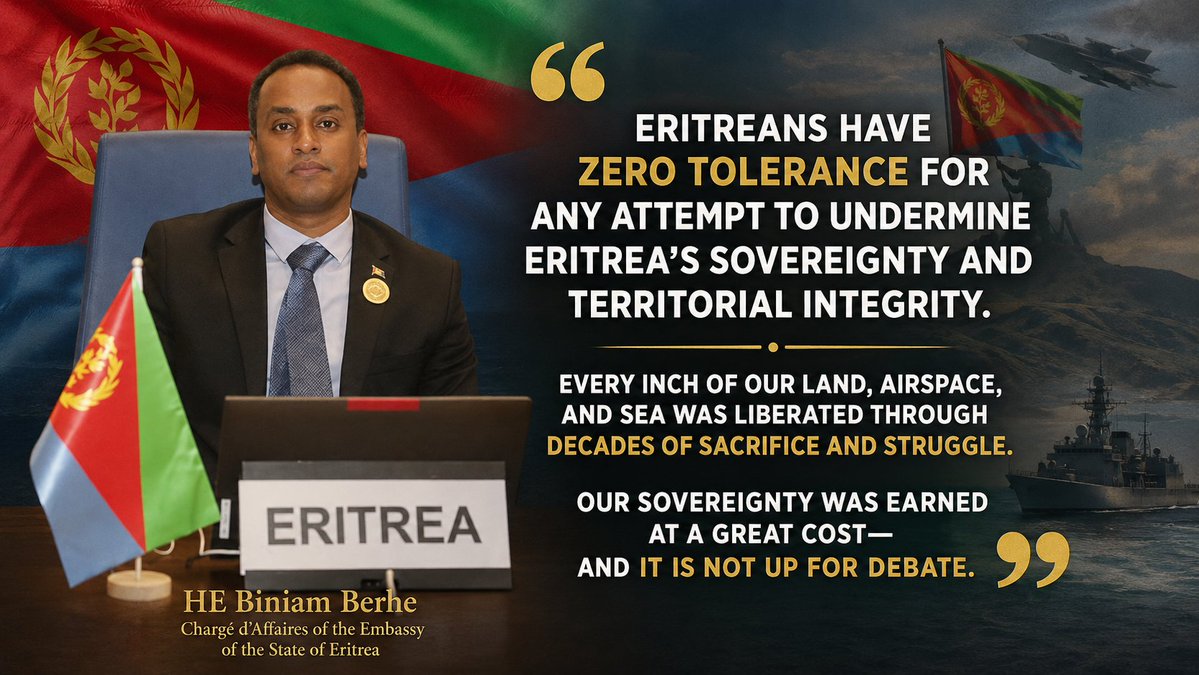 AtieWedi's tweet photo. On the occasion of Eritrea's Martyrs' Day,  H.E. Biniam Berhe, Chargé d'Affaires of the Embassy of the State of Eritrea to #Ethiopia, #UNECA , #AU, reaffirmed Eritrea's firm commitment to safeguarding its sovereignty & territorial integrity.
In a statement shared on his X  account, Mr. Biniam emphasized that Eritreans remain resolute in defending the country's independence & national unity.
"Eritreans have zero tolerance for any attempt to undermine Eritrea's sovereignty and territorial integrity," he stated.

Highlighting the sacrifices made during Eritrea's long struggle for independence, Mr. Biniam noted that every part of the country's land, airspace, &territorial waters was secured through decades of sacrifice & determination.
"Every inch of our land, airspace, & sea was liberated through decades of sacrifice & struggle. Our sovereignty was earned at a great cost & it is not up for debate," he added.

The remarks were made as Eritreans worldwide commemorated Martyrs' Day on June 20, an annual occasion dedicated to honoring those who lost their lives during the country's struggle for independence and in defense of national sovereignty. 
@biniamb @shabait @ERIEMBAET @hawelti @IGADPeace @AfricaMediaHub @EUtoAU @_AfricanUnion @ECA_OFFICIAL  @IndiaEritrea @UNinEritrea