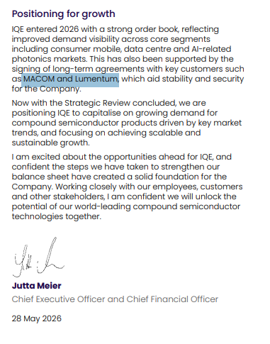 FinnStockinger's tweet photo. Why did I even get interested in $IQE?

When the entire market went absolutely crazy over $AXTI - I was swallowing the bitter pill of being late to that specific party.

But since I hate losing, I immediately started asking myself: what is next?

I always try to look one step ahead. 

That is exactly how I managed to get early into names like $IQE or $LPKF and others before the masses caught on.

But back to $IQE - why this specific company?

The global frenzy and massive demand for optical lasers are just getting started.

The market quickly realized that Indium Phosphide (InP) - the core substrate material - does not just fall from the sky. 

Hence, the massive explosive run on $AXTI.

But a raw InP wafer by itself is practically useless for high-performance photonics.

You have to actually do something with it before it can become a functioning laser.

Epitaxy.

Epitaxy is the atomic-scale deposition of crystal layers onto that substrate.

Only a handful of companies globally possess the highly specialized MOCVD and MBE machinery required for this advanced process.

One company listed on the London Stock Exchange  owns a significantly larger fleet of these reactors than almost anyone else, giving them a massive structural scale advantage.

Say hello to $IQE.

Look at the pure-play competition for epi-wafers. Landmark Optoelectronics possesses far fewer machines, yet because it sits on a different exchange (Taiwan), it historically traded at multiples that make IQE look like an absolute deep-value steal.

And if you want proof of their technological moat: 

IQE was just confirmed as the second largest patent filer in the entire UK for semiconductor devices. 

This isn't a speculative small-cap; it’s an IP powerhouse.

Now, to be completely fair, IQE had a dark cloud hanging over it.

The cyclical semiconductor downturn cut their 2025 revenue to £97m, and because chip fabs have massive fixed costs, underutilization completely crushed their near-term margins.

Worse, geopolitical tensions flared as China introduced strict export controls on critical raw materials like Gallium and Antimony.

If you check most standard financial screeners today, that ugly debt and supply-chain risk warning still pop up.

But the market is looking backward.

First, IQE completely neutralized the China risk by successfully recycling 100% of their Gallium Arsenide and Indium Phosphide wafer waste directly back into ultra-pure raw materials for their production lines.

Second, on May 28, 2026 - the ultimate balance sheet reset happened.

IQE officially completed a transformational £81 million strategic recapitalization package.

MACOM Technology Solutions ($MTSI) stepped up to anchor the deal - injecting £30m in direct equity and £15m in new convertible notes to secure a ~15% strategic stake. 

Existing institutional notes were swapped into equity, and the old HSBC bank debt was entirely wiped out.

The balance sheet is clean. The financial risk is gone.

So, who is MACOM and why does this partnership matter?

MACOM is a heavyweight in high-performance semiconductor products for Data Centers, Aerospace, and Defense. 

They design the brains - the optical components and ICs that power next-generation networks.

By deeply aligning with IQE, MACOM secures a stable Western supply chain for advanced epi-wafers. 

For IQE, it guarantees immediate structural volume demand to fill those empty reactors and unlock massive operating leverage.

And the momentum shift is already visible.

Photonics has officially overtaken wireless to become IQE’s largest segment (58.7% of revenue), propelled by surging AI data center demand and immediate US military and defense funding releases.

Think that is all? 

We got another massive confirmation of their turnaround strategy.

IQE followed this up by solidifying their multi-year agreement with Tower Semiconductor ($TSEM).

Together, they are scaling Silicon Photonics (SiPh) via the heterogeneous integration of IQE’s advanced epitaxy layers directly onto Tower’s silicon wafers. 

This allows them to build optical transceivers that handle the insane data transfer speeds required by modern AI architectures.

The pieces of the puzzle are coming together perfectly.

The market is still pricing $IQE like a distressed, underutilized UK small-cap because backward-looking financial data feeds haven't adjusted to the new post-deal reality.

They are missing the bigger picture.

The debt is gone, the largest players in the chip space are anchoring equity deals to secure capacity, and IQE sits right at the choke point of the entire optical computing revolution.

While the crowd is still chasing raw substrates, the smart money is moving to the epitaxy bottleneck.

Now you understand why $IQE?