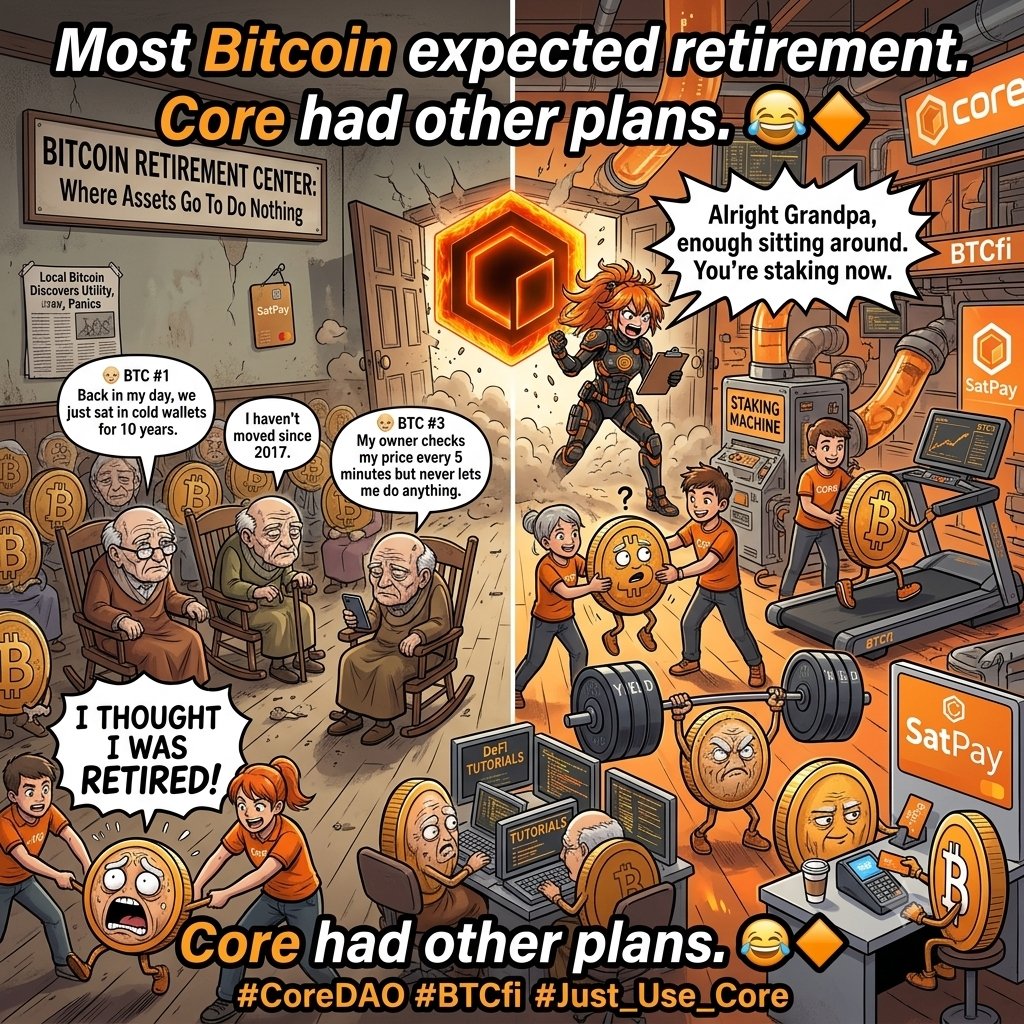 Queenbiee01's tweet photo. For years Bitcoin's biggest job was... sitting still. 😴

Then Core showed up and gave it a full-time career. 🔶

Now it's staking, earning, securing networks, and funding a whole new financial economy.

Retirement is canceled, Grandpa BTC. 😂
#CoreDAO #BTCfi #Just_Use_Core https://t.co/FkdjXc0adh