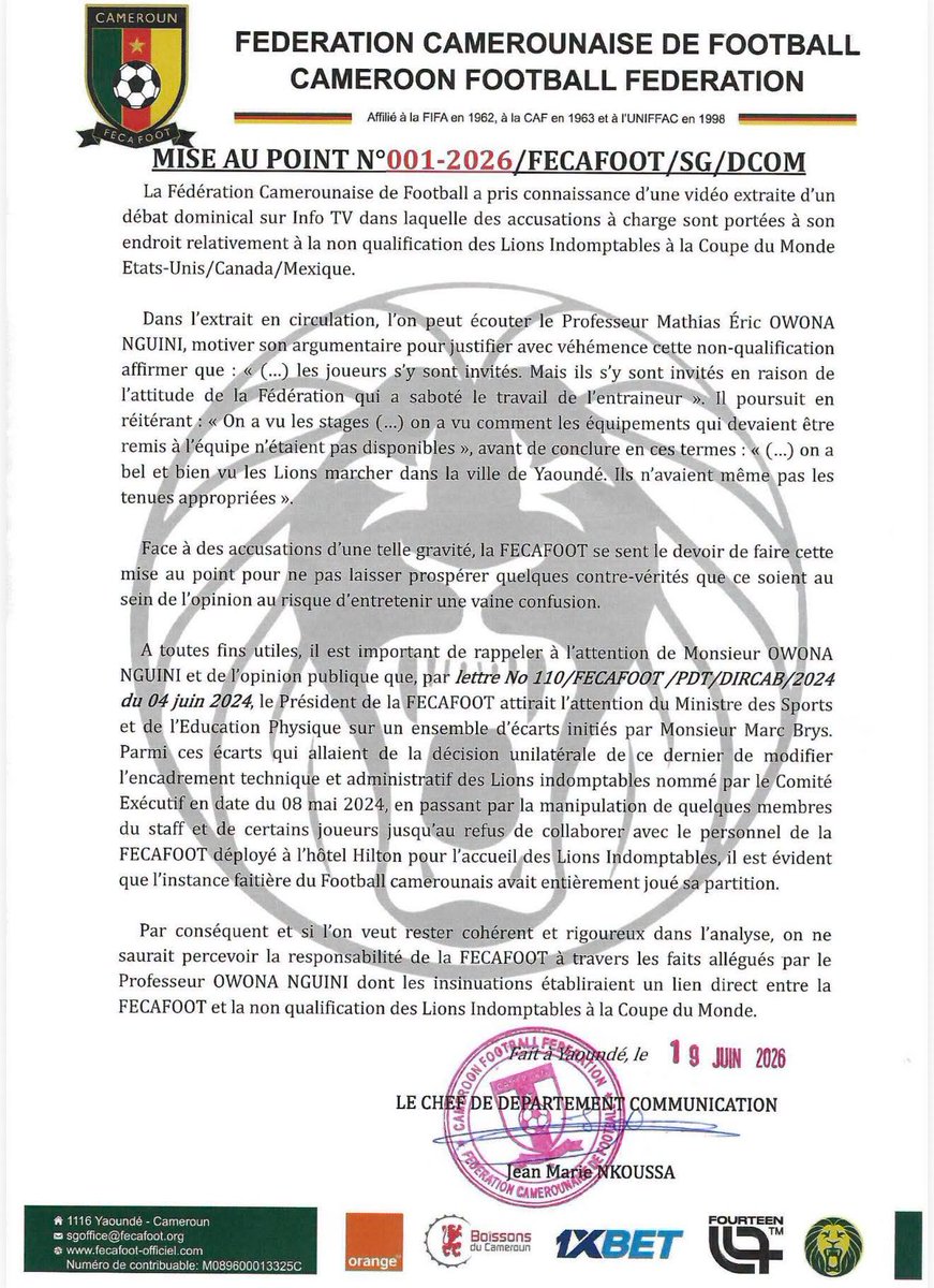 Socialactucm's tweet photo. 🔴🔴 #URGENT

Mise au point 

#FECAFOOT
#LIONSINDOMPTABLES
#FIFAWC2026 https://t.co/BXBiKBV40x