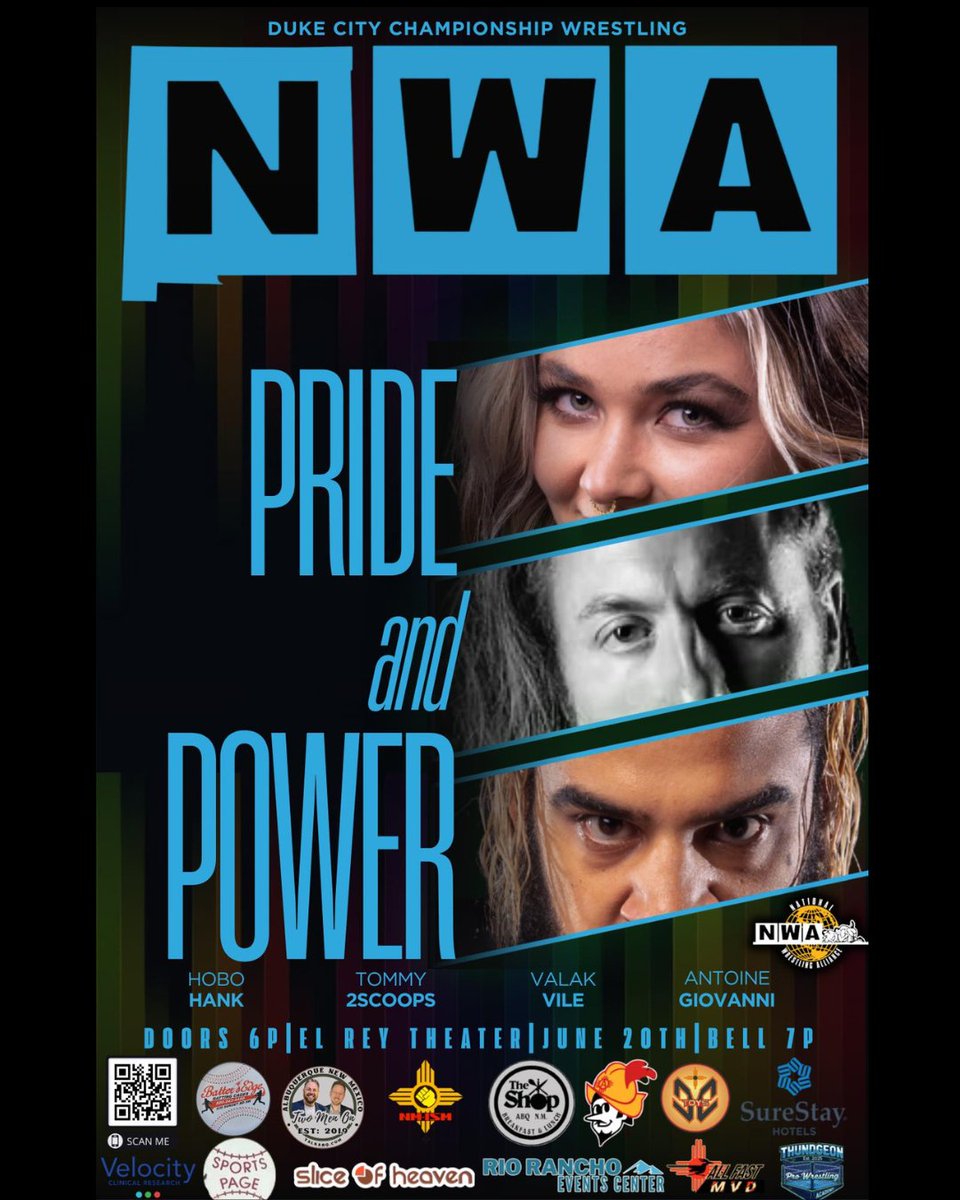 LaunchpadABQ's tweet photo. 💥 TOMORROW! NWA New Mexico: Duke City Championship Wrestling Presents: Pride and Power at El Rey Theater June 20th. Featuring Hobo Hank, Alorha Jet, Tommy 2Scoops, Valak Vile, Antoine Giovanni, Johnny Magna, and more!

📆 Saturday, June 20th | Doors 6pm | All Ages https://t.co/K8bWVvyPzg