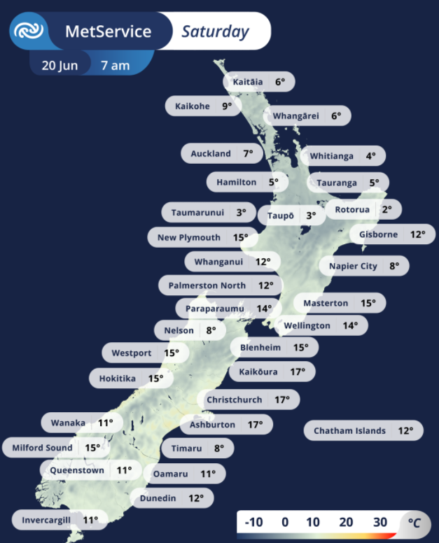 Map of Aotearoa showing 7am temperatures in the towns and cities.