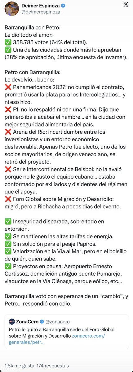 deimerespinoza_'s tweet photo. Cuando el ego gobierna, las ciudades pierden.

No había que esperar cuatro años para darse cuenta de que el Gobierno Petro castigó a Barranquilla por cálculos políticos. Cada obra frenada, cada proyecto aplazado y cada promesa incumplida fueron prueba de ello.

Entiendo que el alcalde apostó por la gobernabilidad y por tender puentes, pero ningún puente puede sostenerse cuando del otro lado nunca existió voluntad de construirlo.

Lo más grave es que, en el afán de afectar a un alcalde, terminaron perjudicando a TODA Barranquilla, incluidos quienes votaron por él.

Por eso hoy no hay nada más incoherente que un barranquillero apoyando el mismo proyecto político que tanto daño le hizo a su ciudad. Eso ya no es convicción, es masoquismo.