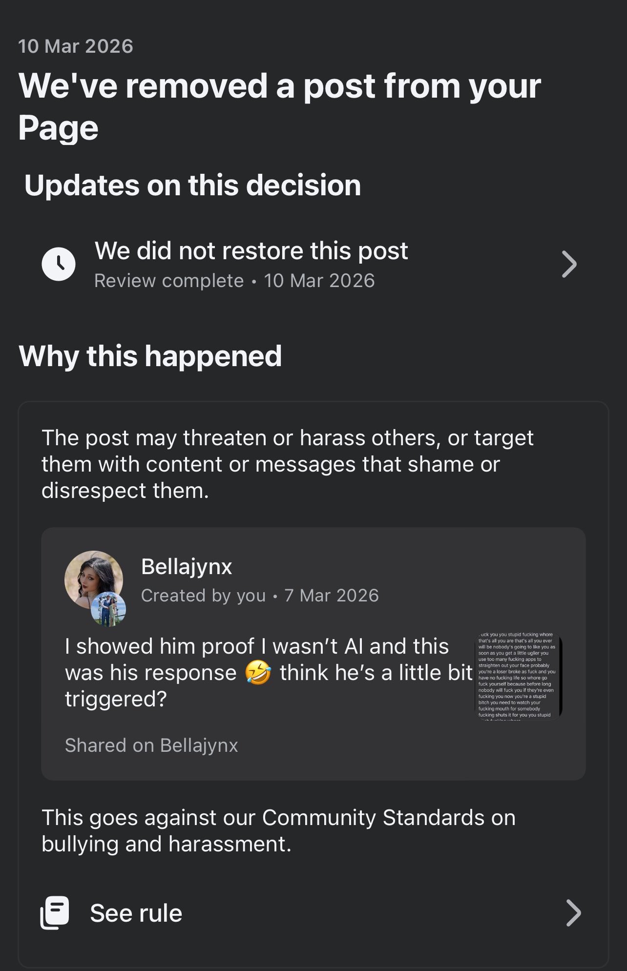 4 pic. “You clearly are posting content that violates guidelines, that’s why you keep getting banned” Oh really???? Or how about the meta system is shockingly shit, overrun with AI, reviews are done by AI & now I have a mystery block on my account which may stop me posting for a year. https://t.co/9ole6tJnvl
