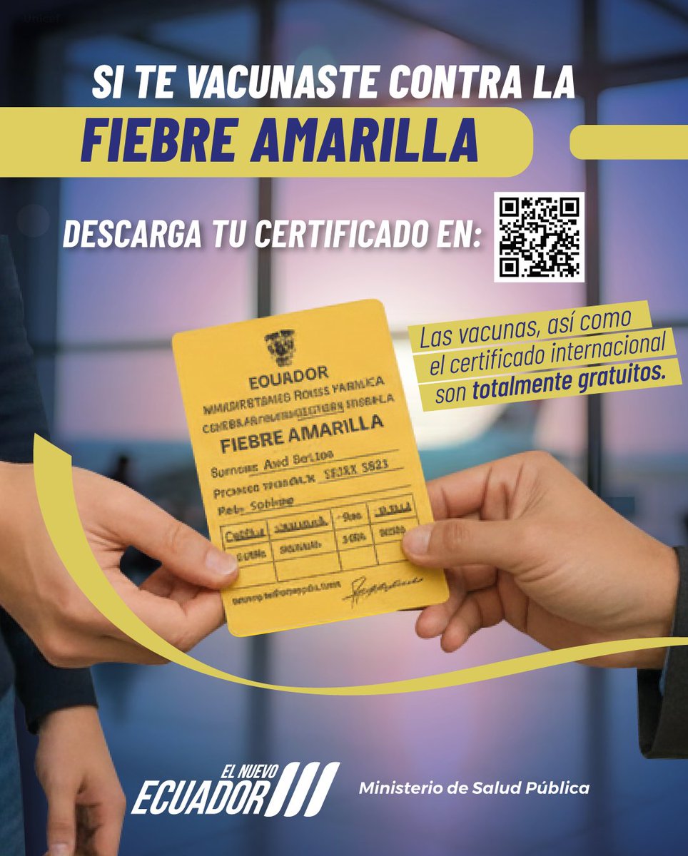 Salud_Ec's tweet photo. Recuerda ⚠️
Si viajas a una zona donde puedes contagiarte de fiebre amarilla debes vacunarte 💉.
Acude a nuestros centros de salud 🏥, solicita la vacuna y descarga tu certificado en https://t.co/v07FEqYNV5 https://t.co/oSUej8hd1P