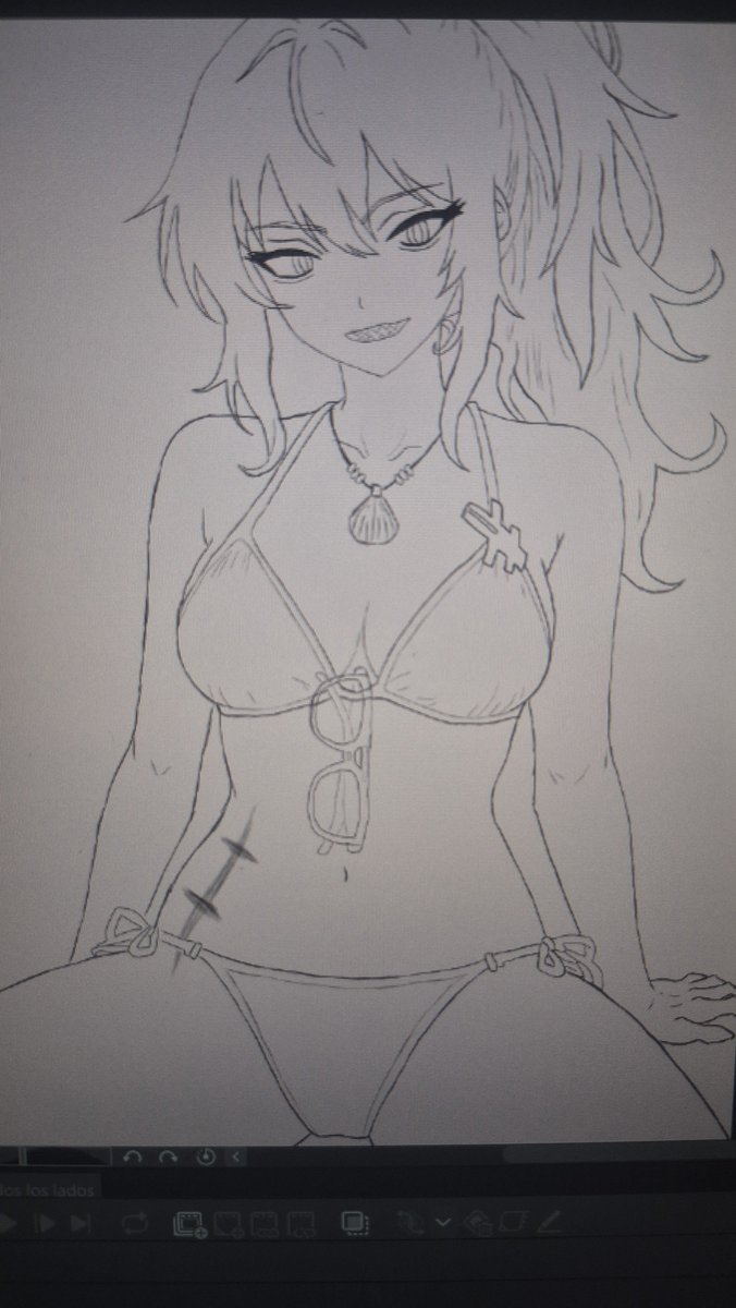 x_bitz's tweet photo. Little things from today: I added a couple of accessories!

I used the classic Yulha pin as a decoration on the bikini. Also added a pair of sunglasses 🕶️ And a beach necklace!... I don't even know if that's a real thing, but you get the idea!

I'm still having trouble with the scar, and I'm still thinking about a pattern for the bikini. I could go with simple colors, but I feel like it looks a bit empty, doesn't it?