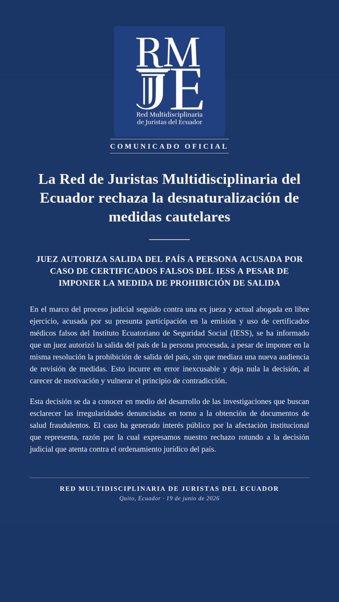 REDMJE's tweet photo. ⚖️ Rechazamos la decisión judicial del juez Freire Coloma que desnaturalizó la medida cautelar de prohibición de salida del país, incurriendo en error inexcusable. @CJudicaturaEc @FiscaliaEcuador https://t.co/cynMvWQJIH