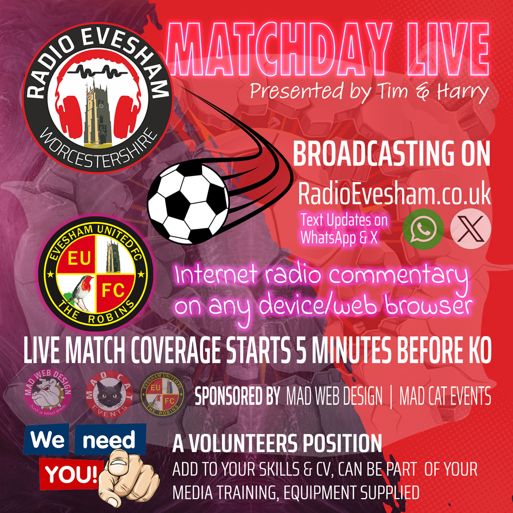 RadioEvesham's tweet photo. 📢 WE NEED YOU 🫵
🗣️ Join our volunteer Internet Radio Team 📻
⚽️ @RadioEvesham 
🎙️ Commentators needed for cover
🗣️ A chance to enhance your skills 🎧
⏰📆 Sat 14:00 📆 Tue 18:45
📩 hello@radioevesham.co.uk ✅
📍 https://t.co/kqgzCAWTnK https://t.co/H1kfExwEMm