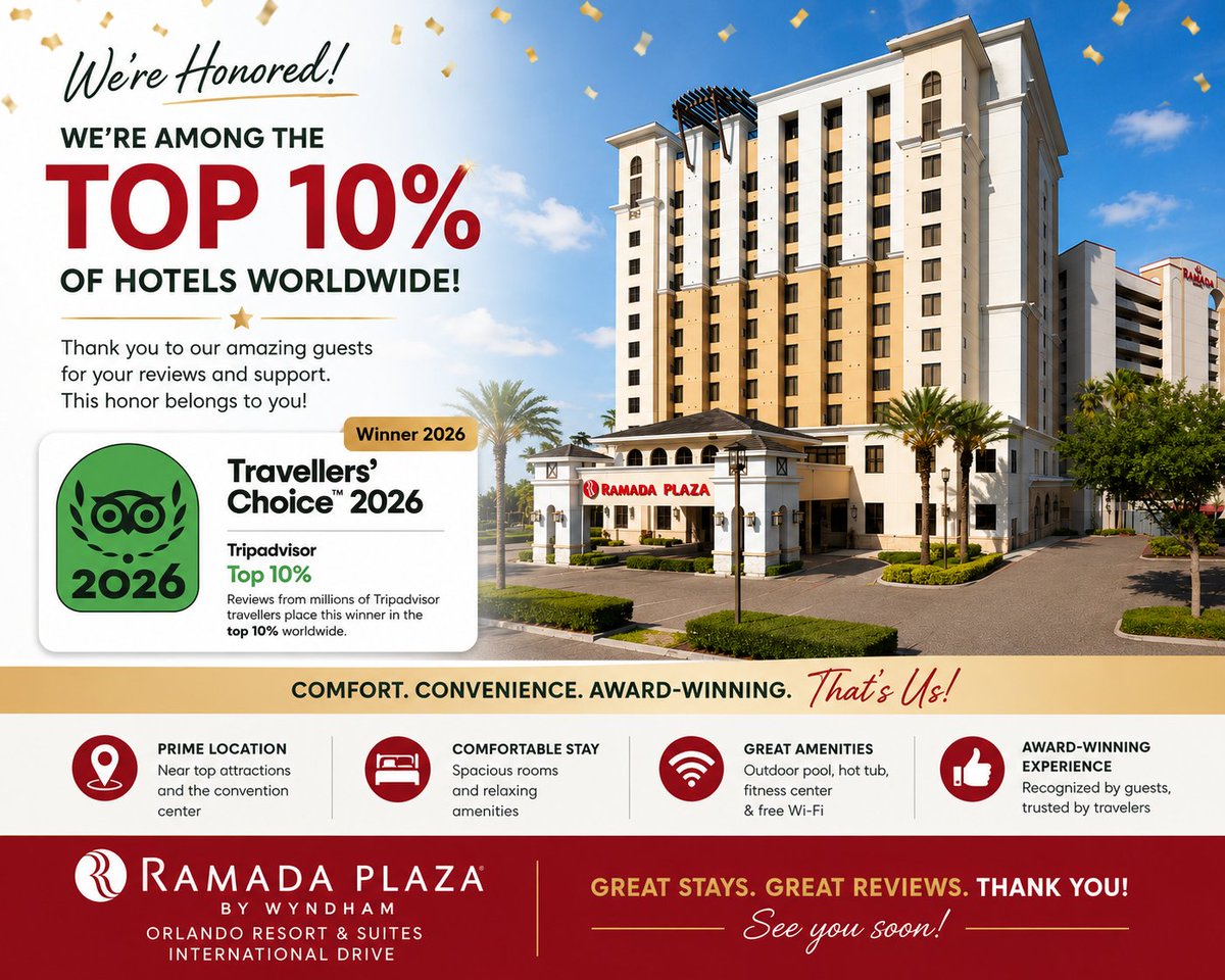 ramadaIdrive's tweet photo. We're honored to be a 2026 TripAdvisor Travelers' Choice winner! Thank you for helping Ramada Plaza by Wyndham Orlando Resort &amp; Suites International Drive rank among the top 10% of hotels worldwide. 
#TravelersChoice #RamadaPlazaOrlando #Tripadvisor https://t.co/M6Nn8laGRy