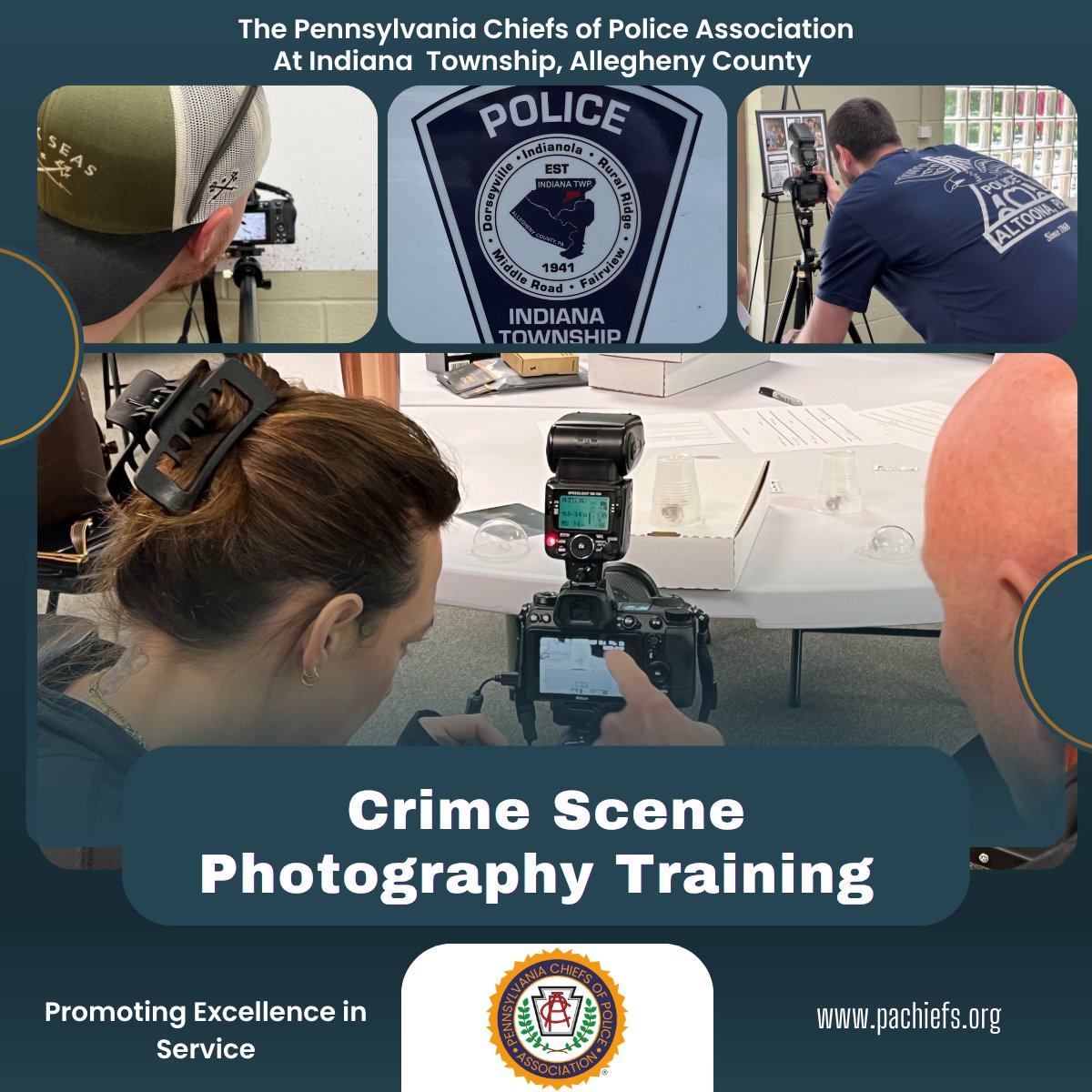 PAChiefs's tweet photo. We are proud to wrap up another successful Crime Scene Photography Training in Allegheny County. Over three days, 13 officers from across the region worked hands‑on at mock crime scenes, sharpening their skills and learning to capture accurate, consistent, and court‑ready images. https://t.co/BUK5QcvjOf