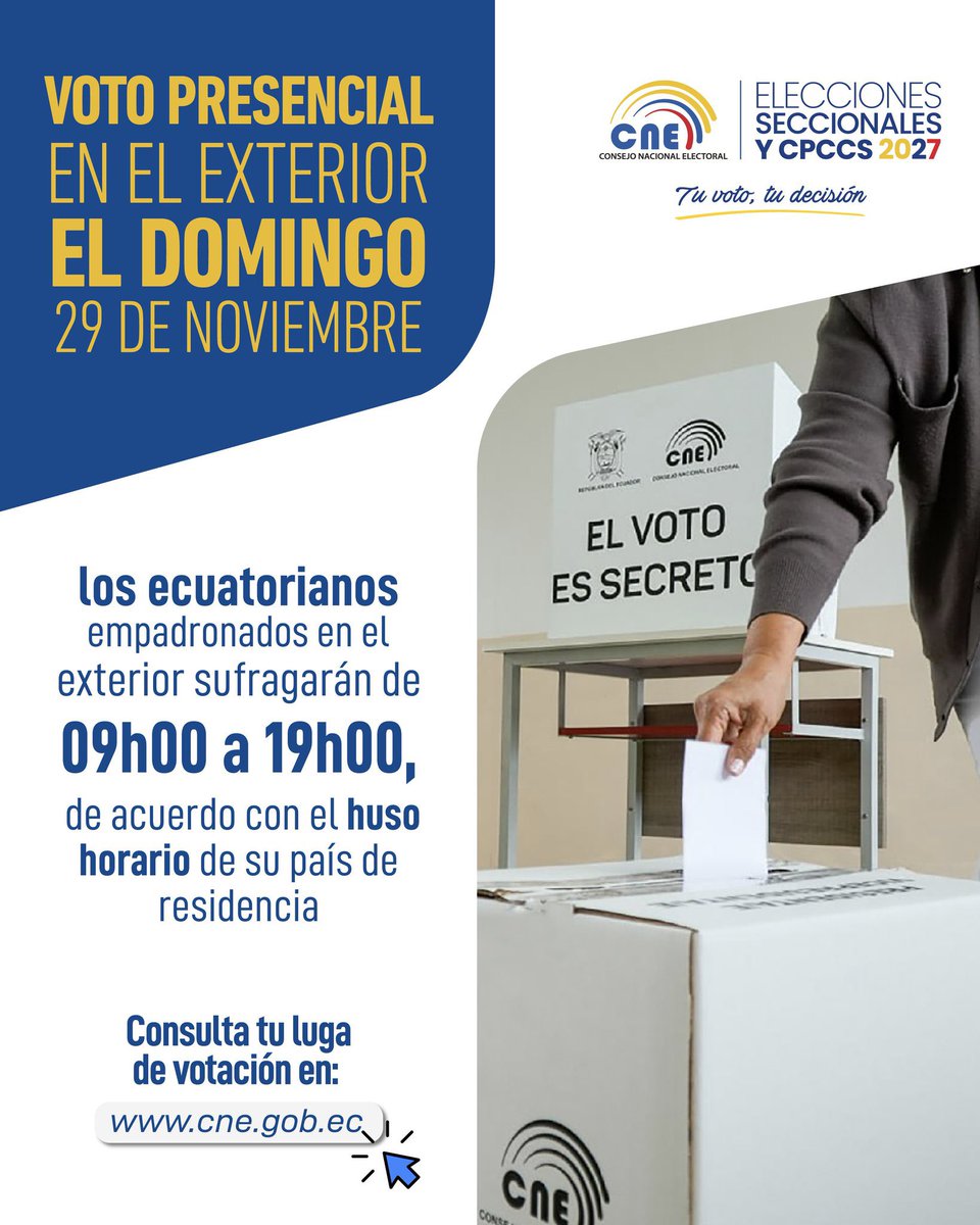 EmbajadaEcuHon's tweet photo. 🟡🔵🔴 ¡Ejerce tu voto y fortalece la democracia del Ecuador!

➡️ El 29 de noviembre elegirás a 7⃣autoridades del Consejo de Participación Ciudadana y Control Social.

➡️ Acude 🗳️con tu cédula o pasaporte, vigentes o caducados.
Más información en: https://t.co/jmcZRudgUx https://t.co/uf5Z6L09SY