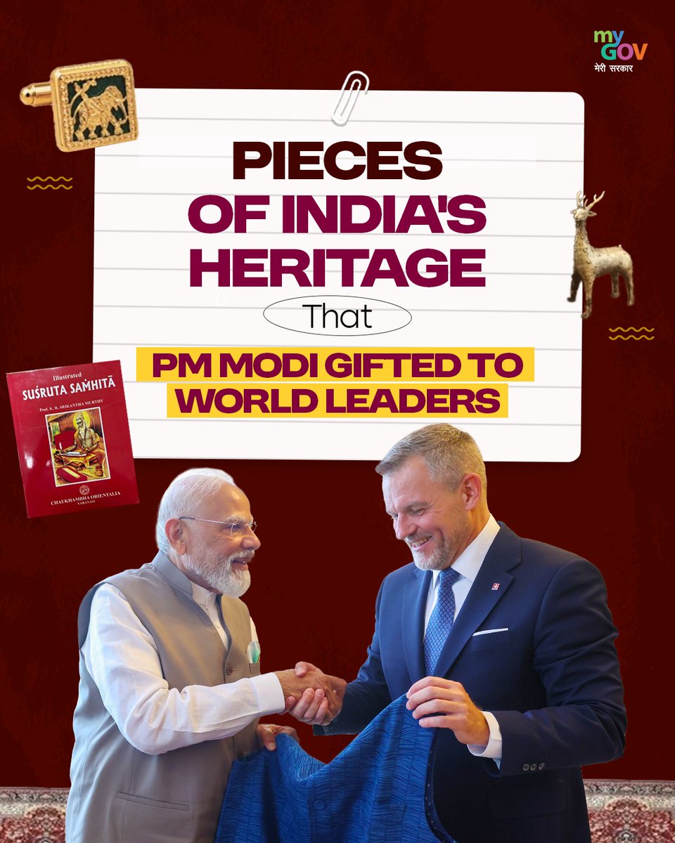 mygovindia's tweet photo. A civilisation wrapped in Every Gift

As New India builds stronger partnerships across the world, it also carries with it the stories, traditions and craftsmanship that have shaped Bharat for centuries.

During his recent visits to France and Slovakia, PM @narendramodi presented gifts to the leaders that reflected India's rich heritage and cultural identity.

#CulturalDiplomacy
#GiftsOfBharat
#IndianHeritage