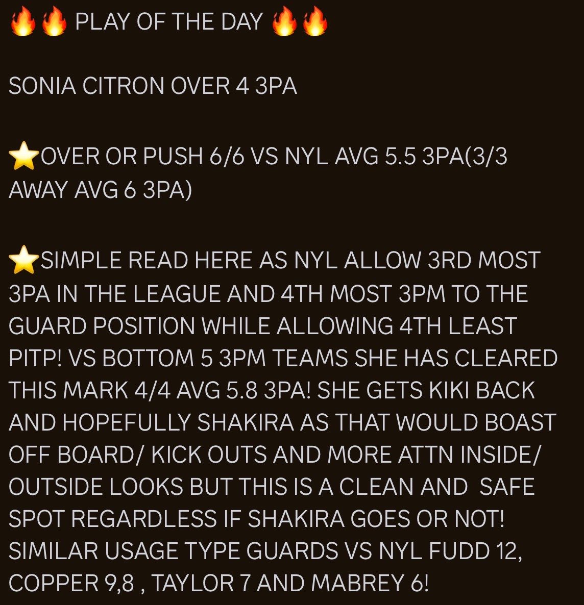 RACKEMSPORTS's tweet photo. 🔥🔥 PLAY OF THE DAY 🔥🔥

SONIA CITRON OVER 4 3PA

 #POTD #PLAYOFTHEDAY #PrizePicks #playerprops #DFS #pp #mlb #NFL #NFLPRIZEPICK #nfltwitter #nbatwitter #NBA #nbaplayoffs  #NBAFinals #alwaysknicks #gospursgo #tiktok #NBAprizepick #WNBAPicks #nbaespn #wnba #NBACup #nbaprop #nbaplays #WNBATwitter #WNBAProps #wnbabets #nbabets #WNBA #nbapickstoday  #Gambling #gamblingx