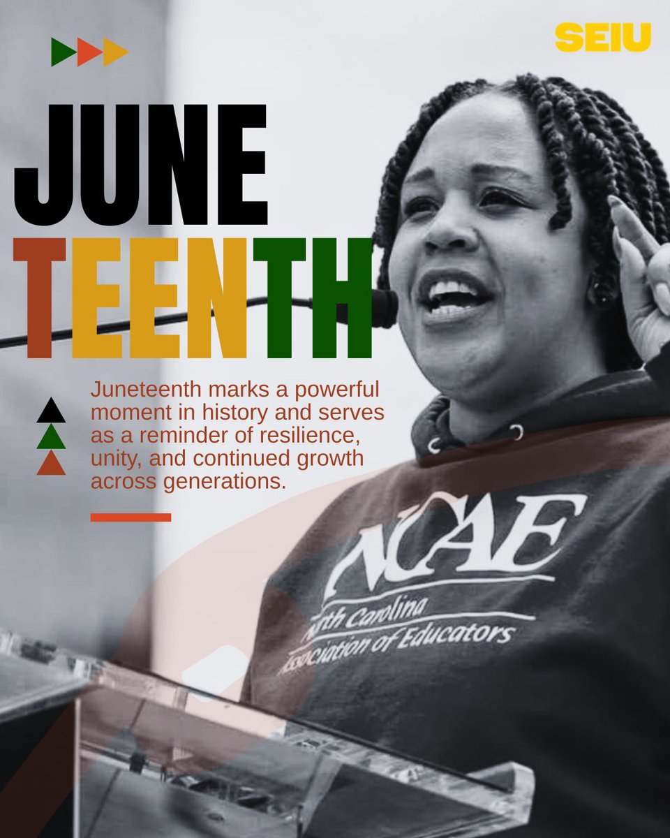 SEIU's tweet photo. #Juneteenth reminds us that freedom is more than a date in history. It’s the ongoing fight for dignity, fair pay, and the power to control our own labor. The work continues because working people deserve more than survival. We deserve money, power and respect. https://t.co/dKl2VyJVqj