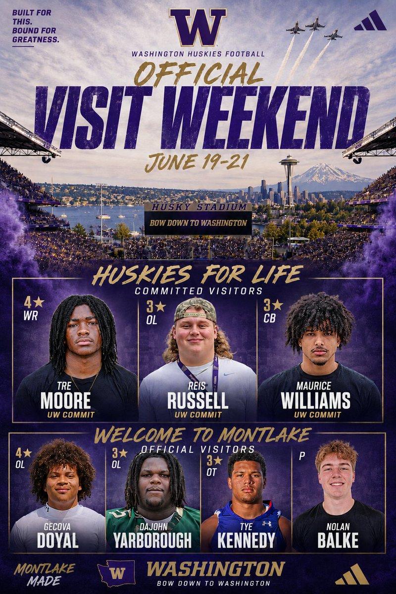 life_of_stein's tweet photo. Washington's final official visit weekend is here, bringing committed Dawgs and top targets to Seattle.

The next generation of Huskies are headed to Montlake. @dubduphuskies https://t.co/BPYGMR5AjD