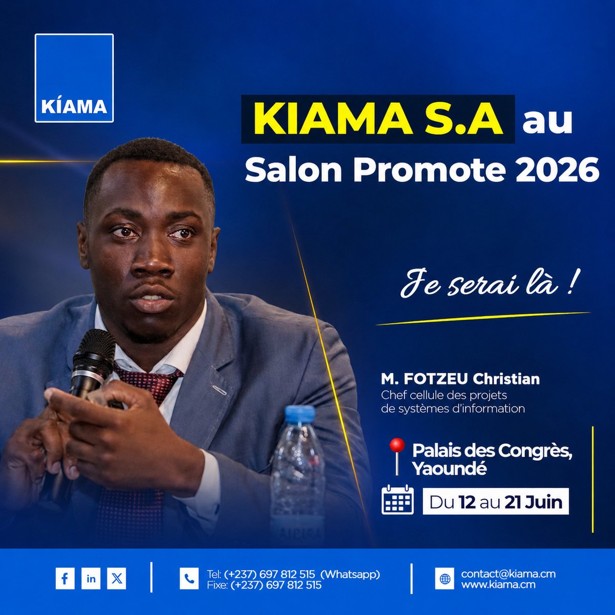 kiamacm's tweet photo. 🚀 Les experts de KIAMA S.A. sont à votre écoute à #PROMOTE2026.

Venez échanger sur vos projets et vos enjeux de transformation numérique. 🤝💡

📍 Entrée du Pavillon Numérique

#KIAMA #Cameroun #Innovation https://t.co/c3Xlb57ot1