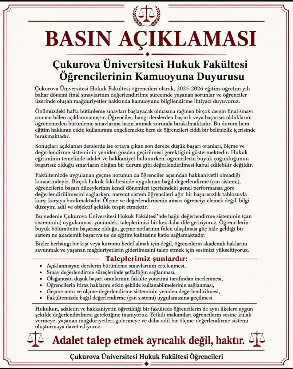 kmustafaozturk's tweet photo. Çukurova Üniversitesi Hukuk Fakültesi öğrencilerinin sizden bir talebi var. @cukurova1973 @cukurovahukuk https://t.co/fjg4ibOACG