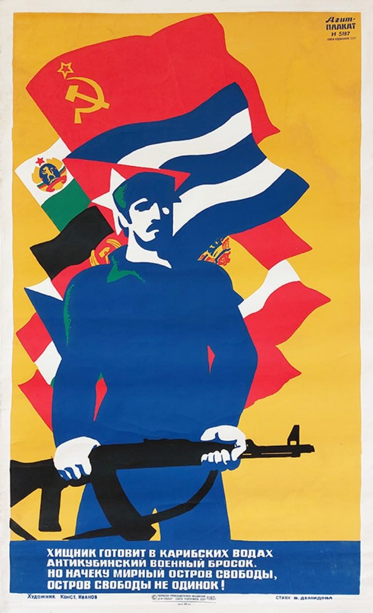 eastblocvisuals's tweet photo. Soviet propaganda poster titled in "A predator is preparing in Caribbean waters an anti-Cuban military assault", 1982. https://t.co/Umyx8MGg3z
