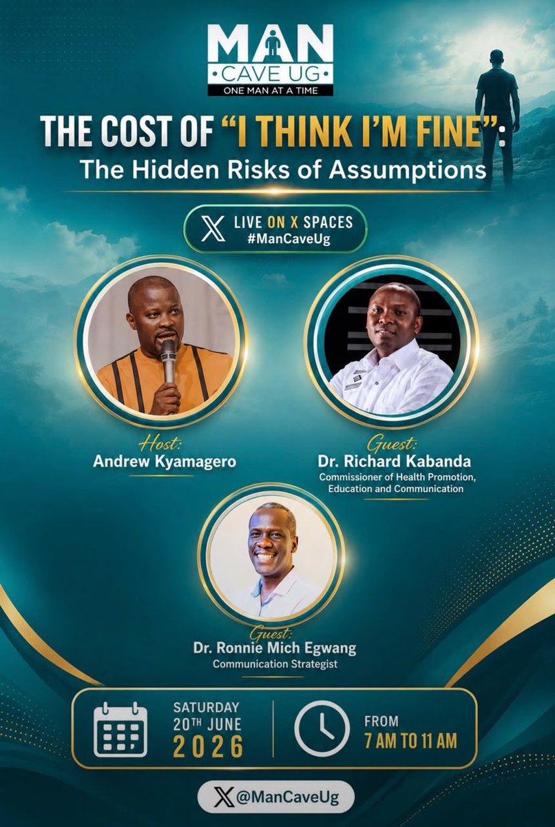 MinofHealthUG's tweet photo. Tomorrow, starting at 7:00am, Listen into Commissioner, Dr. @RichardKabanda2 speak on the @ManCaveUg episode of “the cost of I think I’m fine” in honor of Men’s Mental Health Awareness Month.
#MOHatWork | #MenTalkUG https://t.co/DQ53W2Gwed