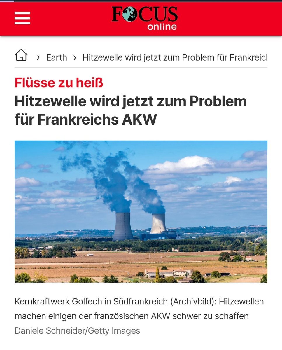 Epikur_vS's tweet photo. Ja, einige französische AKWs reduzieren wegen Hitze ihre Leistung. Den Anlagen ist die Temperatur eigentlich egal: Der Grund sind Umweltauflagen. 

Einige AKWs werden mit Flusswasser gekühlt, dass erwärmt wieder in den Fluss zurückfließt. Dabei müssen gesetzliche Temperaturobergrenzen eingehalten werden.

Betroffen ist daher nicht die Mehrheit der AKWs, da diese entweder Meerwasserkühlung oder Kühltürme nutzen.
