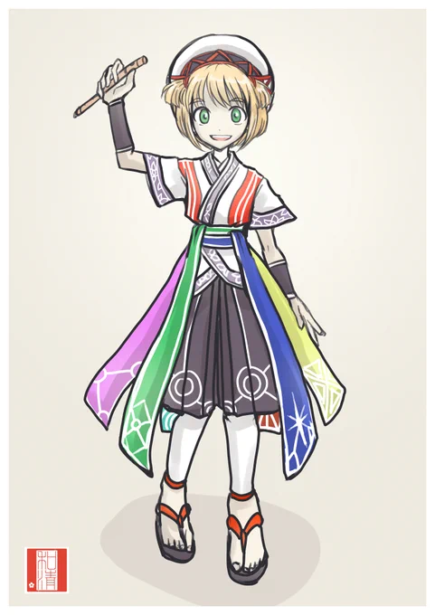 キャラデザ この子の名前を「あぐり」と仮称します 出羽のあぐりこ狐にあやかったお名前です 神狐にあやかるなら……と髪色を黄色系に変えてみました 笛で強力な御使い(幻獣のようなもの)を召喚して怪異を打ち倒します 以後お見知りおきを