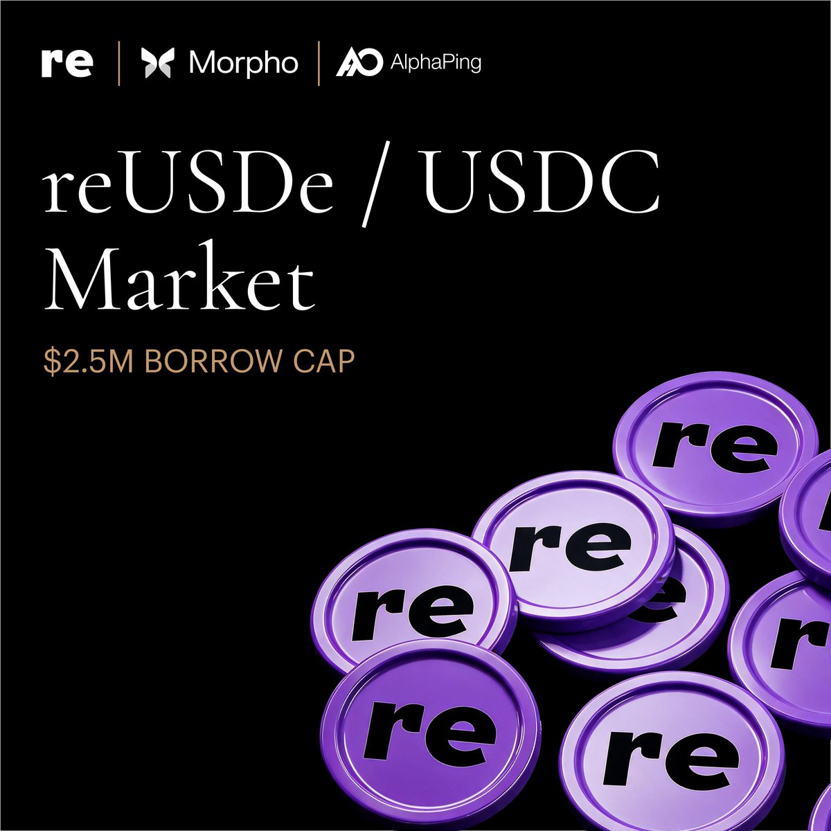 re's tweet photo. New Market for reUSDe is live on @Morpho, curated by @0xAlphaping.

Borrow cap starts at $2.5M.

reUSDe is the mezzanine tranche token in Re's capital structure, sitting between the reinsurer's first-loss equity and the senior reUSD tranche.

It represents tokenized exposure to the underwriting results of Cover Re, the licensed reinsurer.

↓