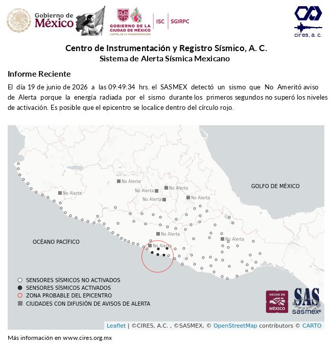 SASMEX's tweet photo. Informe preliminar del #Sismo detectado el 19-jun-26 a las 09:49:34 hrs. #TenemosSismo #LaPrevenciónEsNuestraFuerza https://t.co/2oEnKyZ6VM