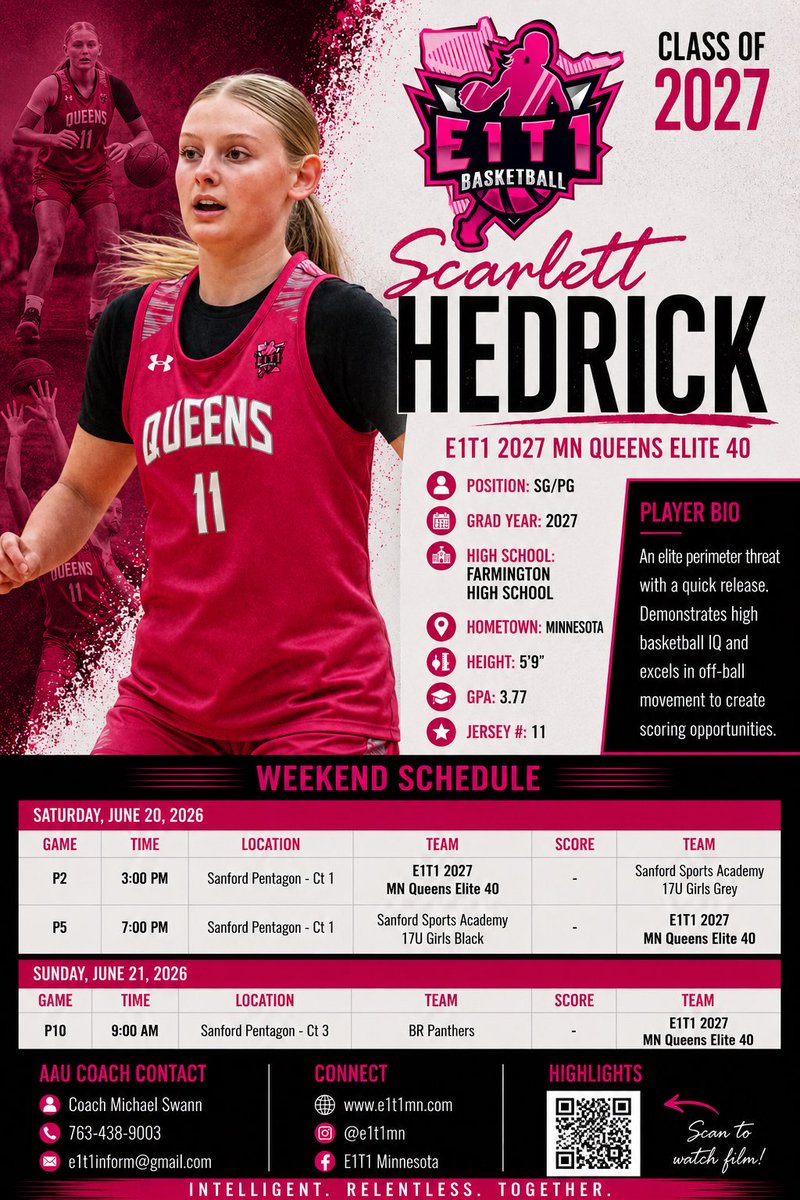 HedrickScarlett's tweet photo. Can’t wait to play compete in the 17u bracket in this weekend #DakotaChallenge in Sioux Falls, SD🏀 Come check us out if you’re in the area! @mikemillsnc @EricJrAllStar @GMacHoops @Elite40League @E1T1GirlsHoops @PrepGirlsHoops @PGHMinnesota 
@JrAllStarBB #NCAAWBB https://t.co/Gxw4Dbt9jF