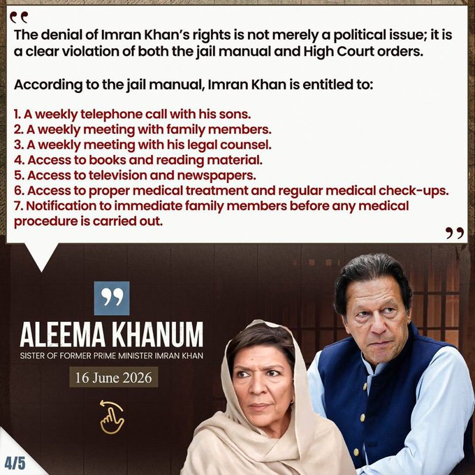 PTIOfficialUSA's tweet photo. All of Imran Khan's fundamental and legal rights are being blatantly and routinely violated. His extreme isolation in prolonged solitary confinement is a form of severe psychological torture.

This torture must end!

#ReleaseImranKhan https://t.co/mXydWriUhH