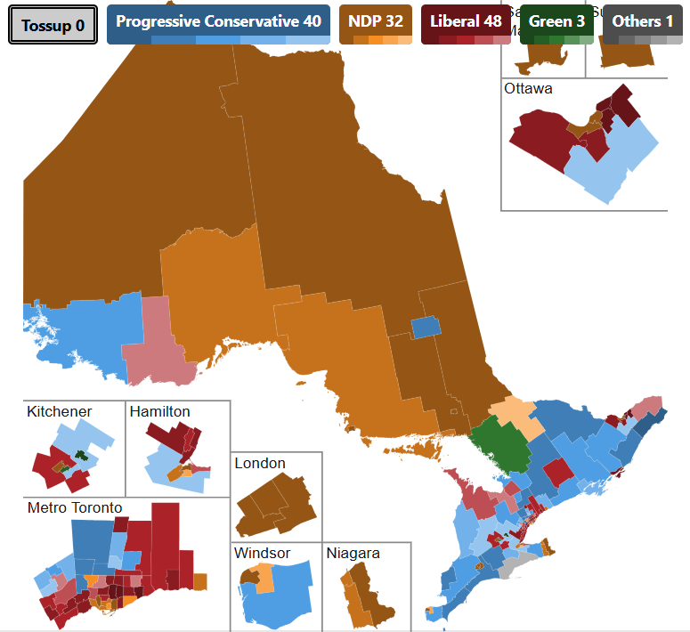 Liberal Ridings Ontario Poll Modelled 🟥48 (+34) 🟦40 (-40) 🟧32 (+5) 🟩3 (+1) ⬛1 (=) Feel ...
