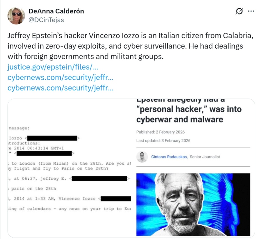 justspaceonline's tweet photo. @GeorgeProust CALDERON: "Epstein’s hacker Iozzo is an Italian citizen..
Zero-day exploits, cyber surveillance.. dealings with foreign governments, militant groups."
FARNSWORTH: "Sent a link to Epstein to sign up for Signal the day before the DNC hack."🤔
#weev #defcon
https://t.co/uT73HAfNZ3 https://t.co/B0hJMxaodI