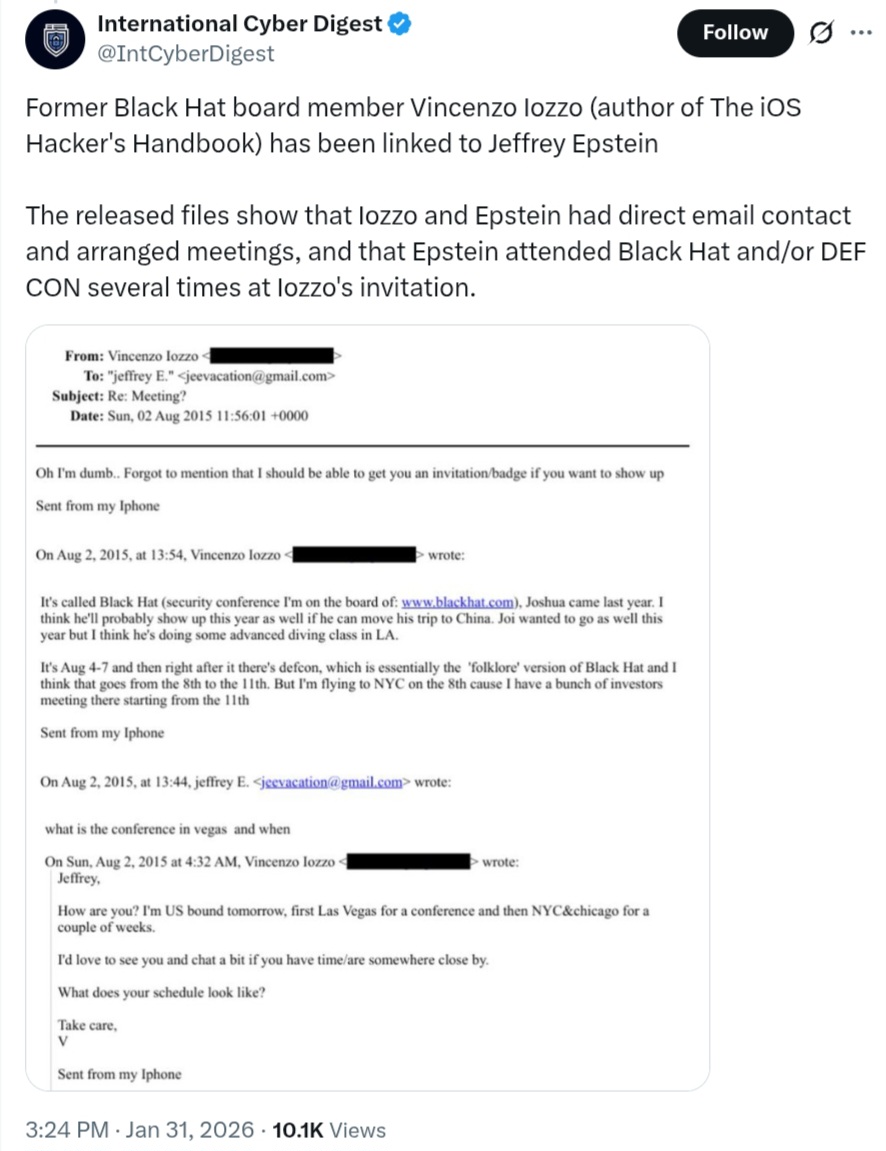 justspaceonline's tweet photo. @GeorgeProust CALDERON: "Epstein’s hacker Iozzo is an Italian citizen..
Zero-day exploits, cyber surveillance.. dealings with foreign governments, militant groups."
FARNSWORTH: "Sent a link to Epstein to sign up for Signal the day before the DNC hack."🤔
#weev #defcon
https://t.co/uT73HAfNZ3 https://t.co/B0hJMxaodI
