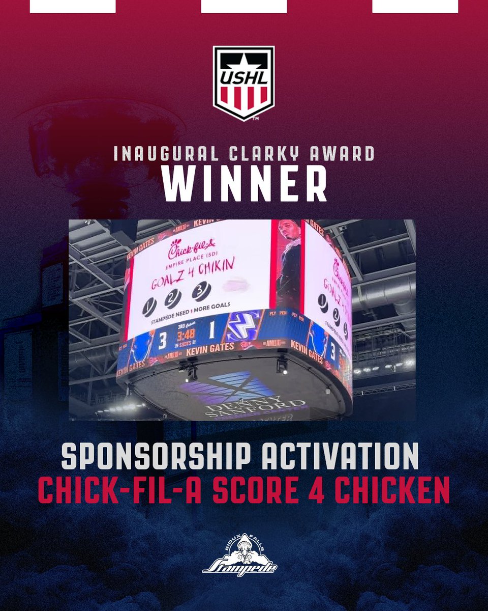 sfstampede's tweet photo. We Want Chicken! Our Score-4-Chicken Promotion has won the inuagural USHL Clarky Award for Sponsorship Activation.

The promo involves scoring a free chicken sandwich from Chick-fil-A Empire Place when the Herd score four goals in a game. https://t.co/0WADDKUA0v