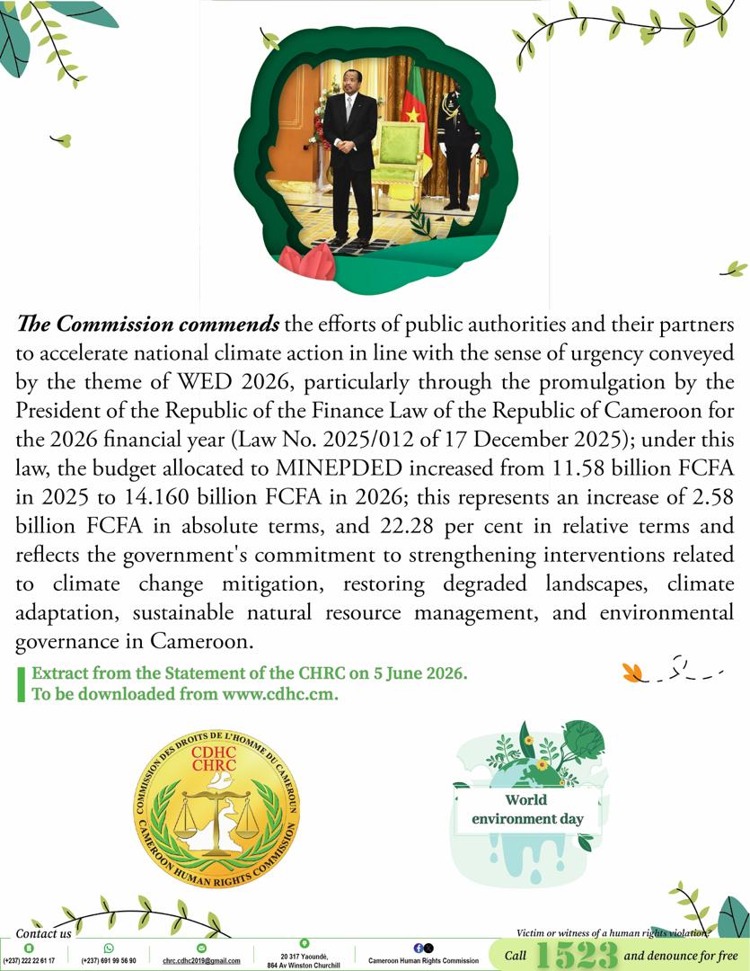 chrc_cdhc's tweet photo. Awareness visuals of thebSTATEMENT BY THE CAMEROON HUMAN RIGHTS COMMISSION TO MARK THE 53rd EDITION OF WORLD ENVIRONMENT DAY
                5 June 2026
Theme - Climate Action

#CHRC
#CDHC
#1523
#accreditedwithAStatus
#accréditéeauStatutA https://t.co/PKweJsIOHD