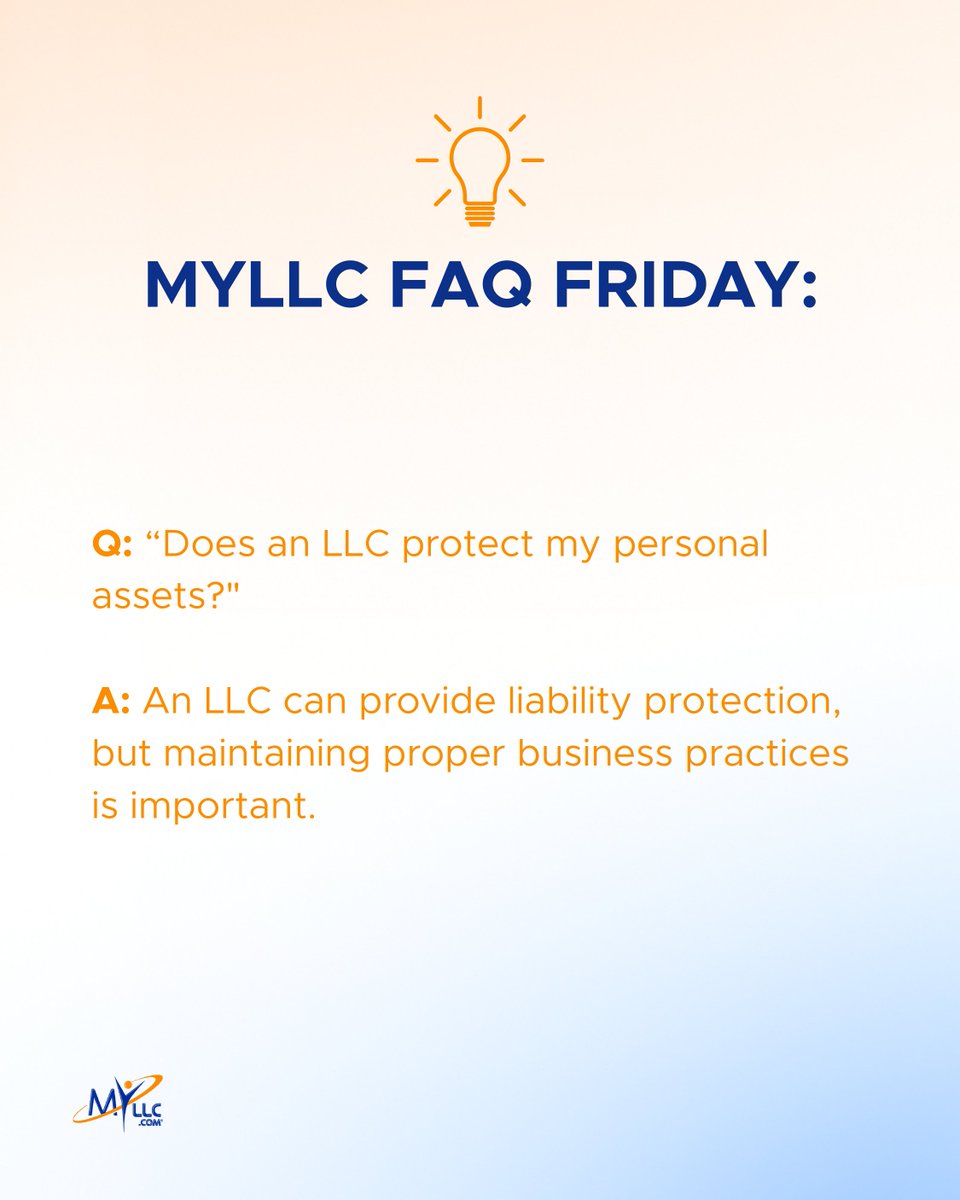 MyLLC's tweet photo. 💡 FAQ Friday: Does an LLC protect your personal assets? 

In many cases, an LLC can provide liability protection—but it's not automatic. Maintaining proper business practices, keeping finances separate, and staying compliant all play a role in preserving those benefits.

Get started today at https://t.co/MQmbf1mfrV.

#FAQFriday #LLC #SmallBusiness #Entrepreneur #BusinessFormation #BusinessOwner #MyLLC