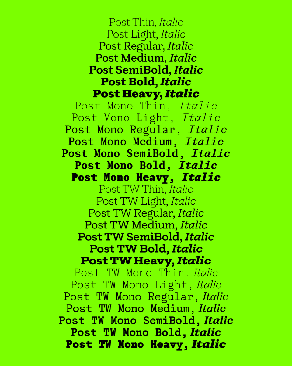 TweetsByTBI's tweet photo. Type foundry @xyz_displaay’s first text typeface, Post, spans 4 families and 56 styles. https://t.co/jxktzmWSz0